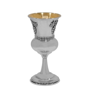 Tall Sterling Silver Kiddush Cup,Tall Wine Goblet,Gold Coating,Textured, loral Decorations, Shabbat,Jewish Wedding Gift Silver Cup of Grapes