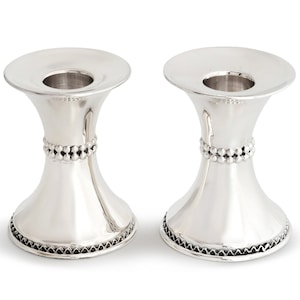 Mid Size Sterling Silver Candle Holders, Silver Bead Candlesticks design, Classic Judaica, Traditional Design Candle Holder