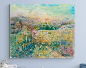 Modern Rainbow Kotel Wailing Wall Painting - Morning Prayer at Sunrise - Semi-abstract Abstract Acrylic Painting
