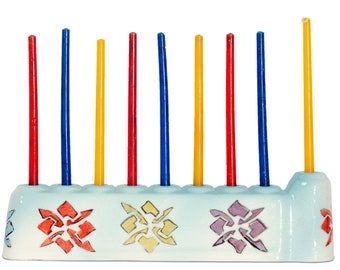 Beautiful Vintage Inspired Floral Ceramic Menorah - Judaica Art