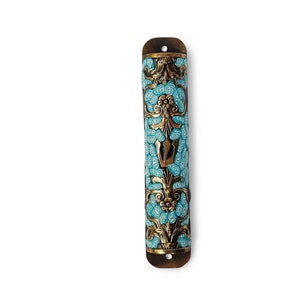 Turquoise Flowers Mezuzah Case, Copper colored Mezuzah, Jewish symbol judaica, Handmade Mezuzah case, Jewish Housewarming gift