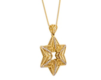 Stunning Gold Star of David Necklace, snowflake design / Magen David with diamond accents  necklace,14k yellow gold Jewish necklace,
