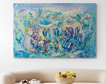 Regenbogen Hasidische Chuppa mit Klezmer Malerei, Jüdische Hochzeit mit Blick auf eine Israelische Landschaft, Einzigartige Jüdische Malerei, Jüdische Kunst Dekor