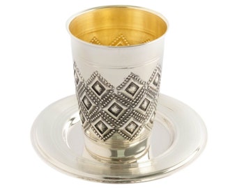 Old style kiddush Cup Geometric lines & Plate, Sterling silver 925  , Classic Wine Goblet, Elegant Silver, Shabbat Judaica gift