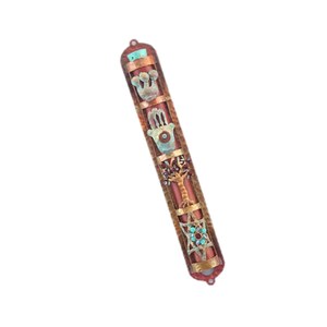 Hermosa caja moderna de cobre Mezuzah con símbolos judíos