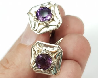 men's sterling silver vintage style cufflinks with natural purple gemstone, high quality silver cuff links, gift for dad, gift for him