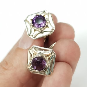 Große Manschettenknöpfe aus Sterlingsilber im Vintage-Stil mit natürlichem lila Edelstein, Geschenk für Papa, Geschenk für Ihn