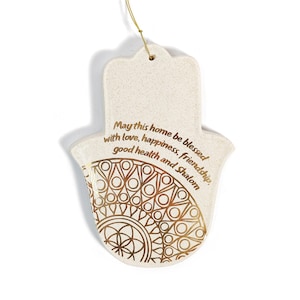 White Hamsa Wall Hanging Mobile with English Gold lettering with the House Blessing made of Ceramic - Modern Judaica Gift