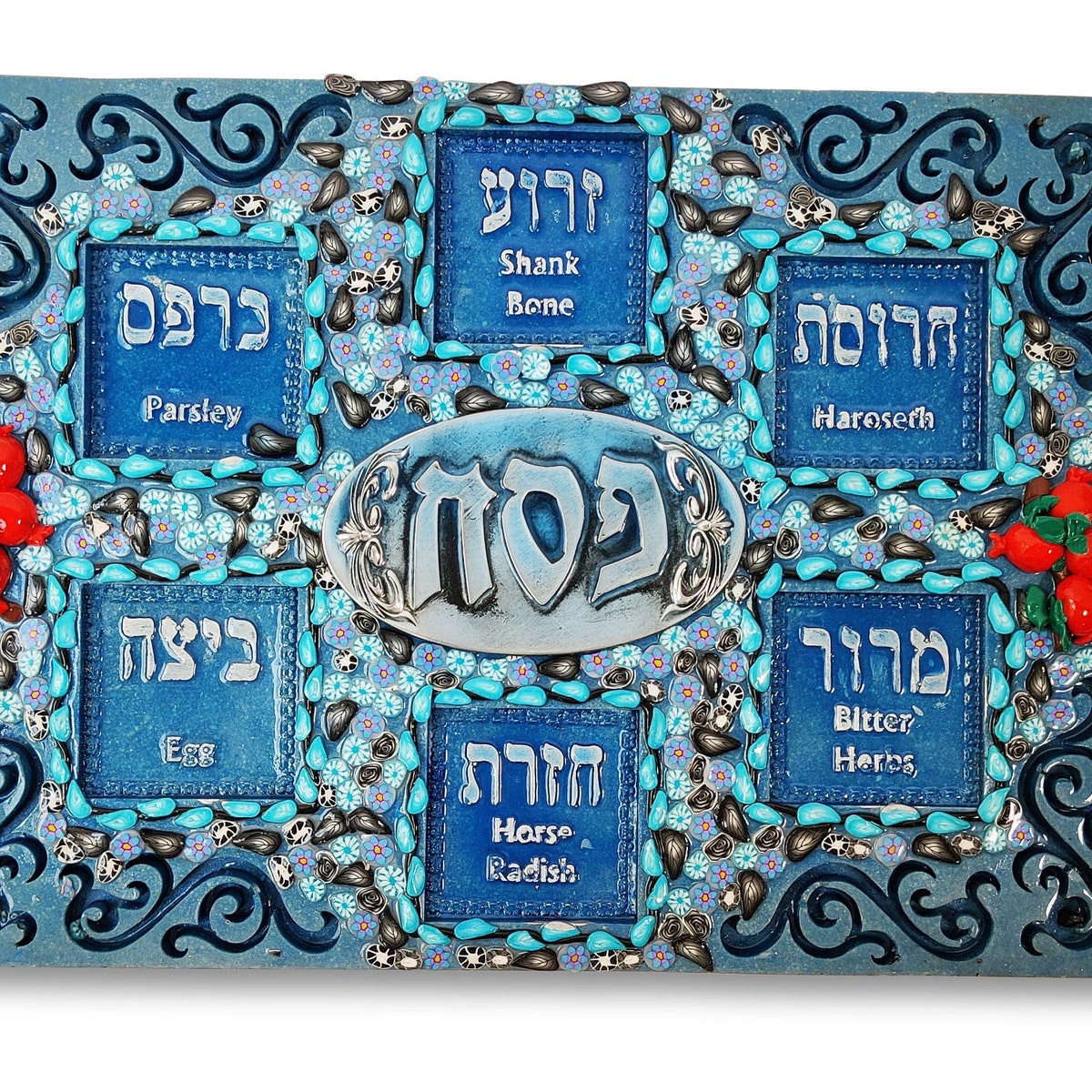 Blue and Turquoise Square Pesach Plate Made of Poplar Tree and Polymer Clay With Royal Ornaments and Hebrew Blessing, Jewish Passover Gift - Etsy