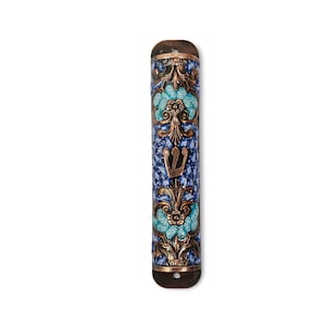 Copper Color Mezuzah Case with Blue and Turquoise Flowers made of pewter and polymer clay, Handmade Mezuzah case, Jewish Housewarming gift