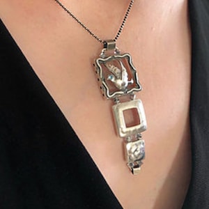 Beautiful 925 Sterling Silver Statement Necklace With Dove & Squares