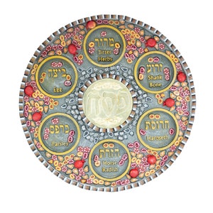 Colourful Passover Seder plate gold with pomegranate & flowers made of Polymer clay ,polyester and mazak.Very suitable for the Passover