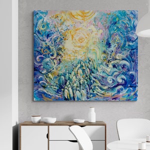 Puede incluir: Pintura abstracta sobre lienzo con una combinación de colores azul, blanco y dorado. La pintura representa a un grupo de personas caminando hacia una luz brillante en el cielo.