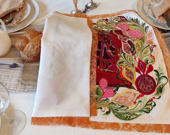 Extra Large White and Red Hand Embroidered Challah Cover with Floral Design and Hebrew Blessing, Suitable for Shabbat and Jewish holidays