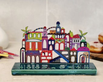 Colorful Hollow Jerusalem Design Menorah From Metal and Ceramic / Unique Menorah Shape /  Kids Hanukkah Menorah / Children Hanukkah Gift