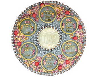 Colourful Passover Seder plate gold with pomegranate & flowers made of Polymer clay ,polyester and mazak.Very suitable for the Passover