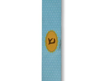 Large Teal Wooden Mezuzah Case with White Dotted and Gold Shin - Mezuzah with Scroll, Mezuzah from Israel, Mezuzah Case For 15 cm Parchment