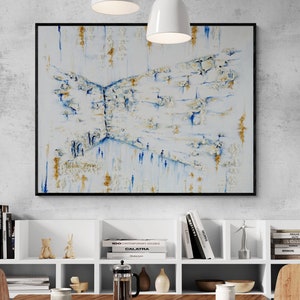 Extraordinary White and Blue Wailing Wall Painting with Gold-Leaf Texture - Contemporary Jewish Wall Art