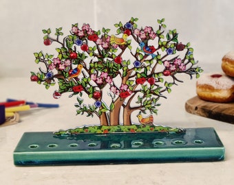 Multicolored Tree Of Life Menorah, Kids Metal Hanukkah Menorah, Children Birds and Flowers Hanukkah Menorah, Israeli Hanukkah Gifts