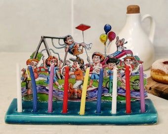 Multicolored Metal Hanukkah Menorah with Children Play in a Playground, Kids Hanukkah Menorah, Cool Menorah, Fun Menorah, Hanukkah Gifts