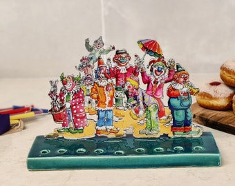 Modern Colorful Clowns Design Aluminum Hanukkah Menorah  / Unique Menorah Shape /  Kids Hanukkah Menorah / Hanukkah Gift / Children Menorah