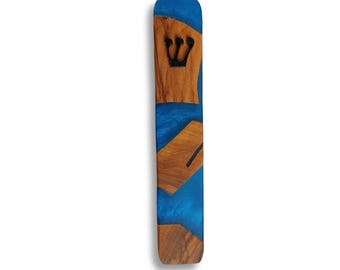 Blue Mezuzah, Modern Long  Olive Wood Epoxy Resin Mezuzah Case - Judaica from Israel - Jewish Gift For New Home / Buy Mezuzah