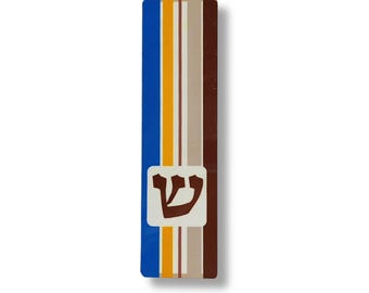 Multicolored Wood Stripes Mezuzah Case, Wide Colorful Kid Mezuzah Case, Modern Mezuzah, Mezuzah For a Girl's Room - Blue and Brown Stripes