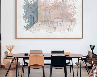 Extra Large White and Light Blue Wailing Wall Painting / Jewish Prayer at the Western Wall /Kotel Painting /   Unique Jewish Home Decor