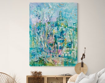 Stunning Multicolored Tower of David at Spring Painting, Colorful Abstract Jerusalem Art, Jerusalem painting, Jewish painting