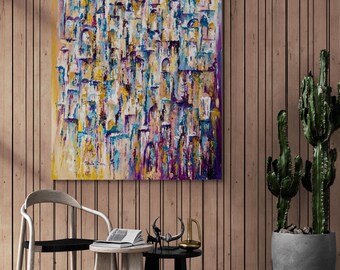 Stunning Contemporary Abstract Multicolored Old City of Jerusalem Painting, Jerusalem Painting, Ancient Jerusalem Painting, Jewish Art
