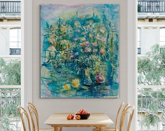 エルサレム旧市街の絵画 - エルサレムを向いた花瓶とザクロ、自然画