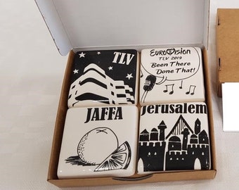 Cerámica hecha a mano regalo israelí Imanes Ilustraciones de Israel, Jerusalén, Tel Aviv Recuerdo de Israel Jerusalén, Tel Aviv, Recuerdo de Jaffa