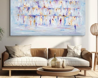 May include: Abstract painting of a wall with people walking in front of it. The wall is painted in shades of white, blue, and gold. The people are painted in shades of purple, blue, and red.
