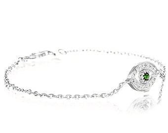 Pulsera de ojo malvado de oro blanco de 14 quilates con diamantes y piedra esmeralda verde