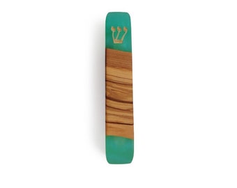 Turquoise Mezuzah Case Made From Olive Wood and Epoxy, 4 Inch Parchment Mezuzah Case, Gifts from Israel, 10 cm Scroll Mezuzah, Teal Mezuzah
