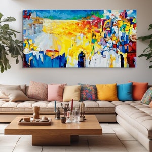 Contemporary Rainbow Kotel Original Painting, Jewish Abstract Art - Prayer Under the Open Blue Sky, Jewish Artwork, Wailing Wall Prayers