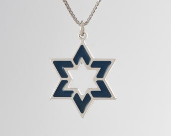 Sterling Silver Star of David Necklace decorated with blue epoxy-glass, Jewish symbol pendant judaica jewelry art bar mitzvah gift