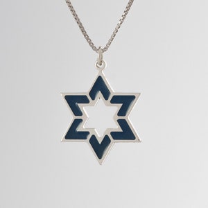 Sterling Silver Star of David Necklace decorated with blue epoxy-glass, Jewish symbol pendant judaica jewelry art bar mitzvah gift