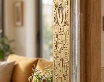 Extra Large  Gold Jerusalem Mezuzah Case | Perspex & Metal Jewish Door Decor | Impressive Judaica Housewarming Gift