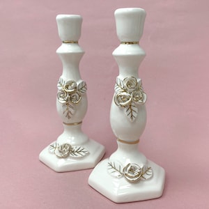 Floral Ceramic Candlesticks, White and Gold Lacquered Ceramics, Jewish Wedding & Shabbat Gift, Shabbat Candlesticks, Bat Mitzvah Gift