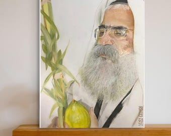 Rabbi Painting, Rabbi Yoram Abergel: Arba'at Ha-minim (the Four species) Hasidic art, Jewish Art, Sukkot Painting, Gedolim Paintings