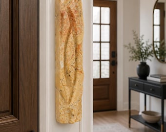 Jerusalem Stone Mezuzah with Flowing Shin, Handmade Limestone Mezuzah Case, Luxury Israeli Judaica, Contemporary Jewish Home Decor