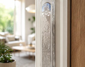 Large Jerusalem Mezuzah Case | Silver Metal and Plexiglass Jewish Door Mezuzah| Modern Silver Mezuzah Case Large Size