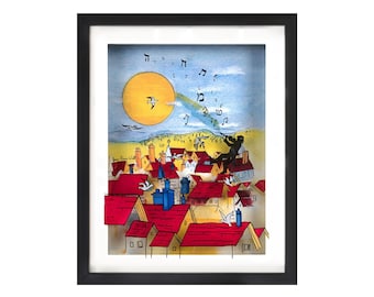 3d Painting on Glass of Sunlit Symphony with Fiddler on the Roof - Cityscape Painting, 3D Frame Art, Gifts for Music Lovers, Violin Painting