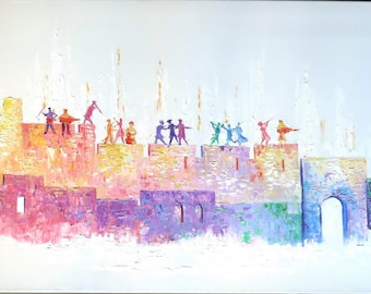 Modern colored jerusalem rolled canvas print modern home design gift for jewish home Modern  painting oil painting Israeli art gift