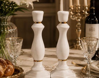 Classic White Porcelain Candlesticks with Gold Bands - Ceramic Candlesticks, Porcelain Candlesticks, Bat Mitzvah gift, Jewish Wedding Gift