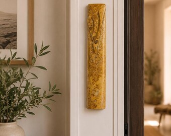 Golden Jerusalem Stone Mezuzah, Handmade Stone Mezuzah Case, Luxury Israeli Judaica, Holy Land Home Blessing, Natural Limestone Mezuzah