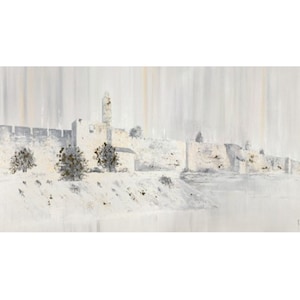 Unique Modern Oil  Painting of Jerusalem Landscape in White & Gray Colors