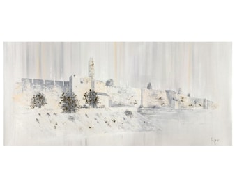 Unique Modern Oil  Painting of Jerusalem Landscape in White & Gray Colors