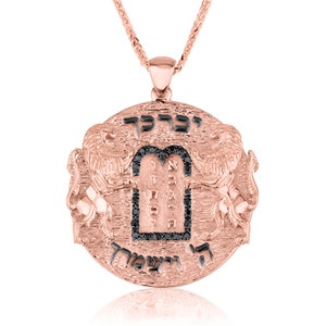 Collar de los Diez Mandamientos en oro rosa de 14 quilates con diamantes negros en un diseño real, collar judío de tradición judía,
